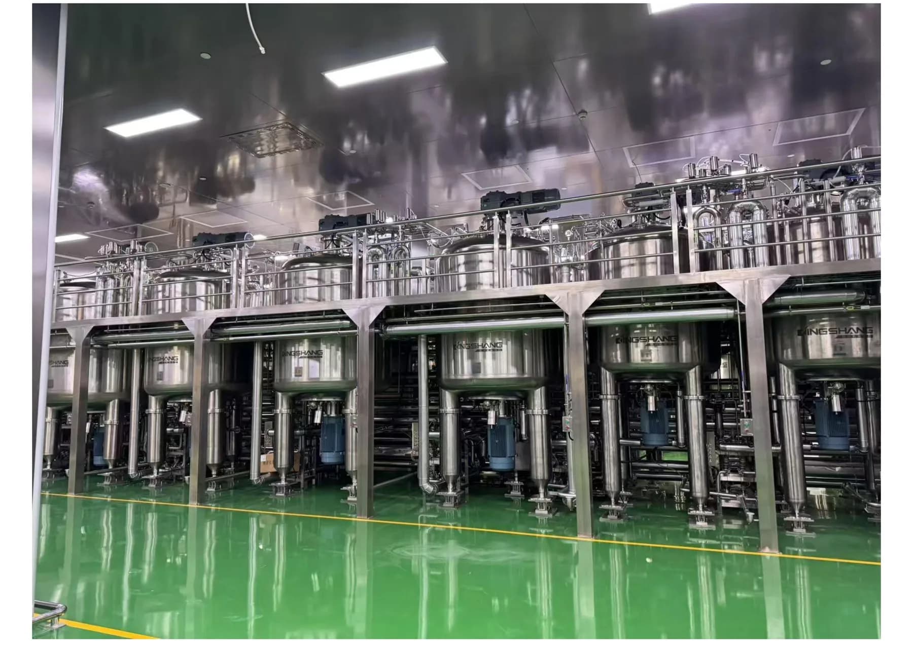 Large stainless steel cosmetics mixing platform and vessels at the King Metis factory