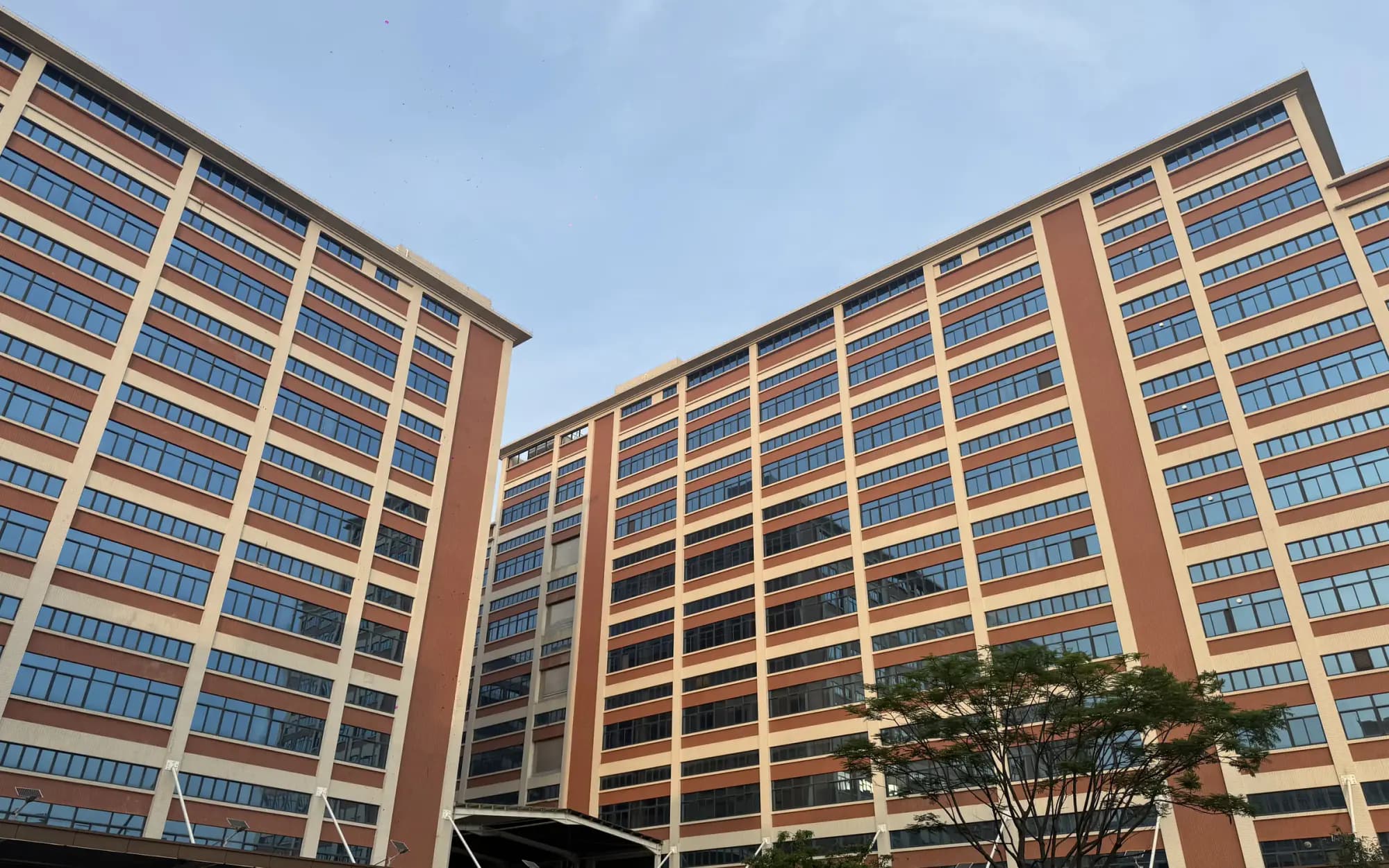 Exterior view of the King Metis Health Industry cosmetics factory in Foshan, Guangdong, China