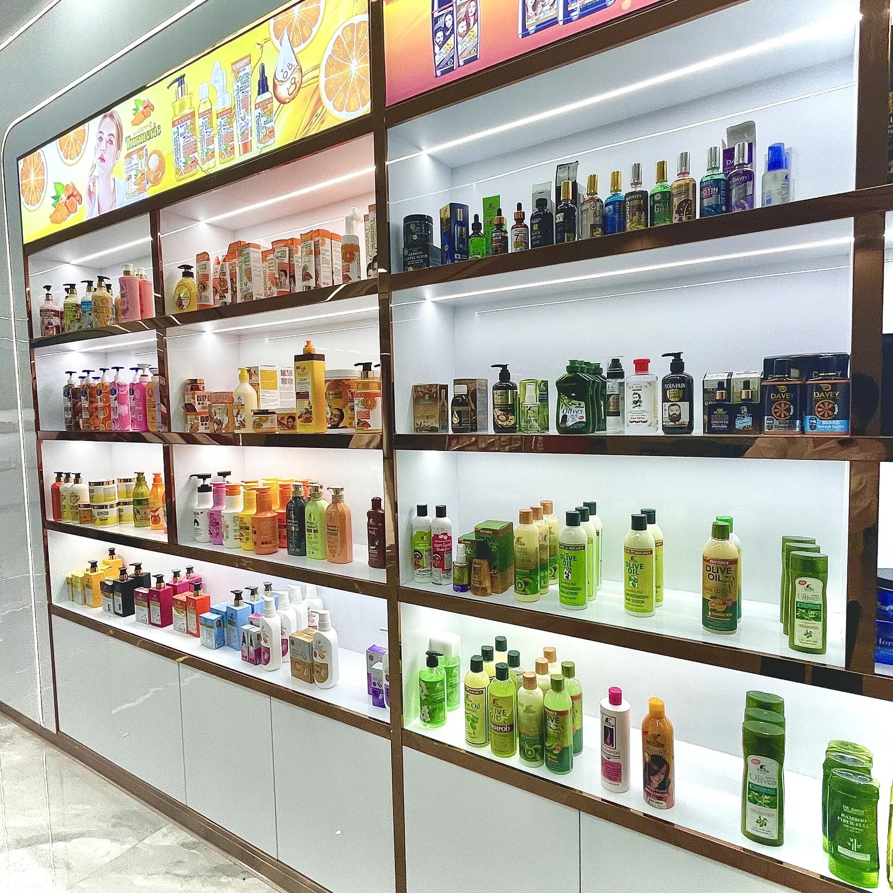 Private label personal care product display in the King Metis showroom