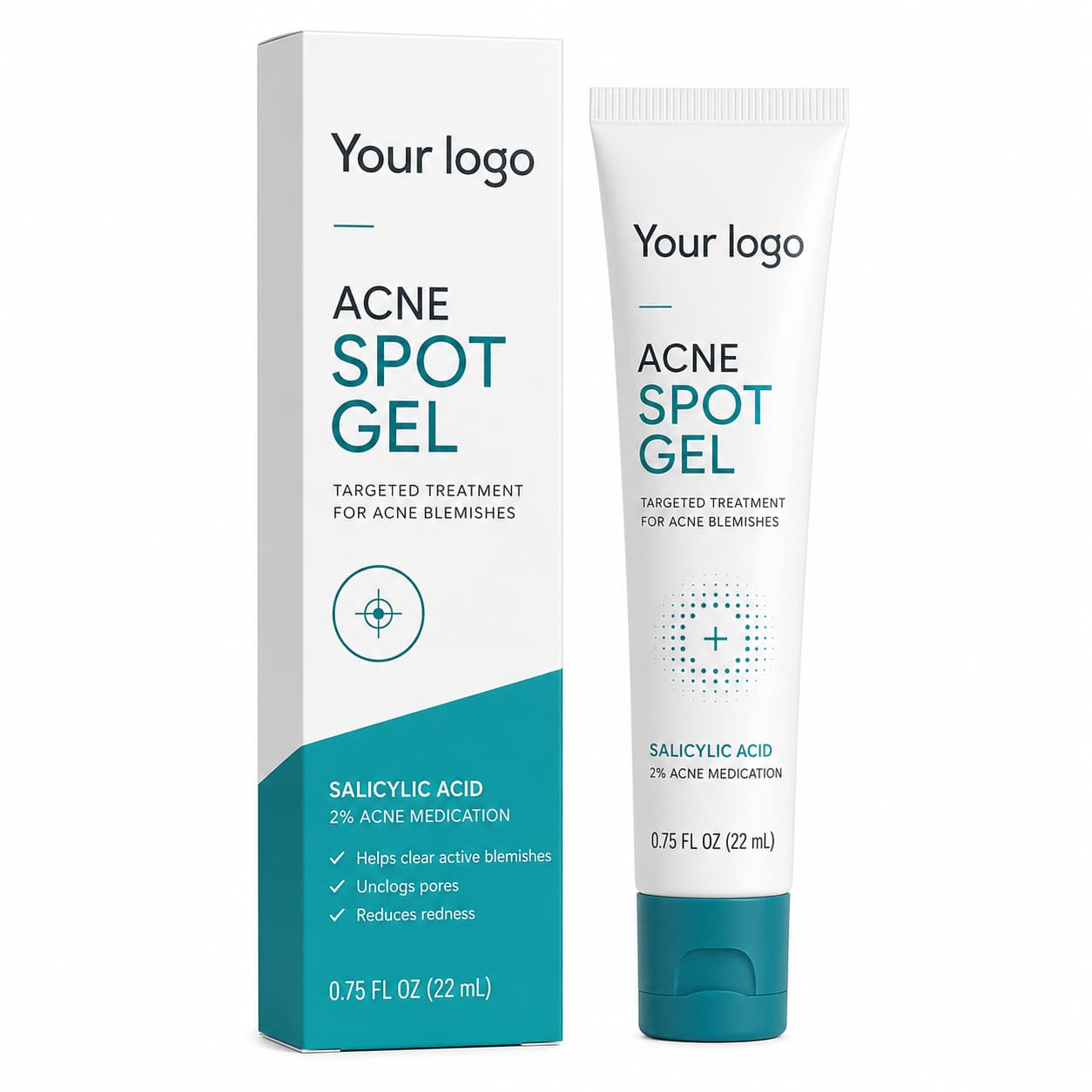 Your Logo acne spot gel with 2% salicylic acid packaging reference