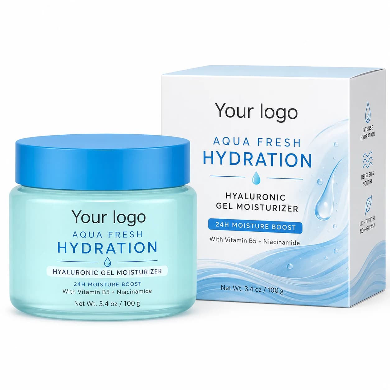 YOUR LOGO private-label aqua fresh hyaluronic gel moisturizer packaging concept, 100 g / 3.4 oz