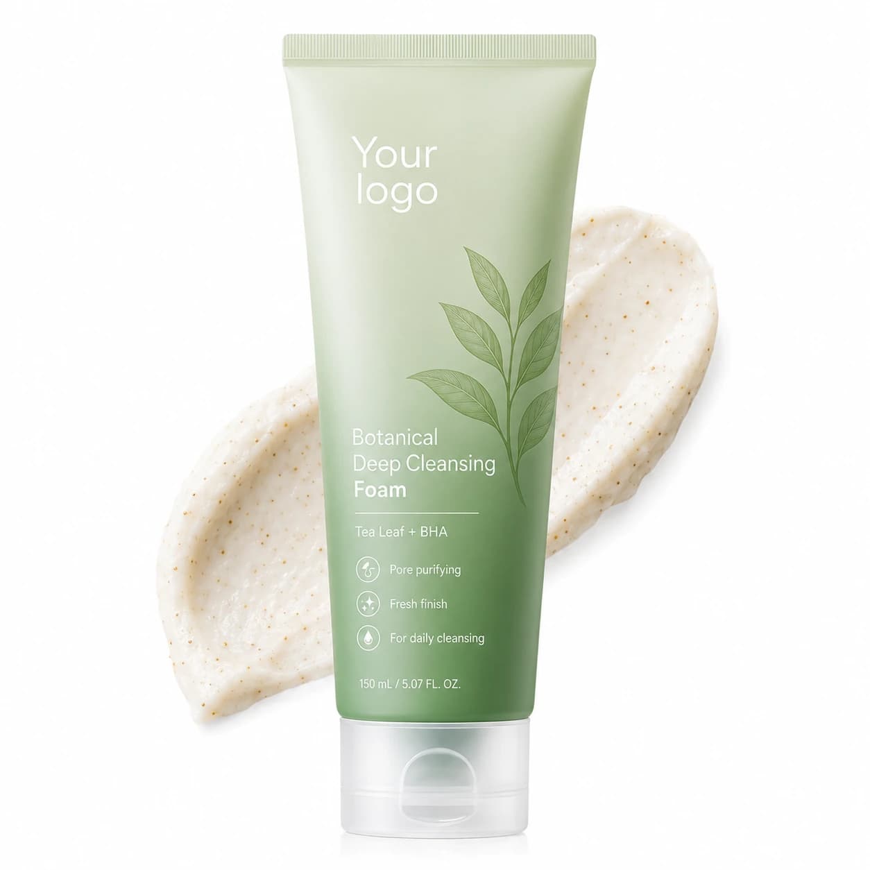 Your Logo botanical tea leaf BHA cleansing foam tube, 150 mL