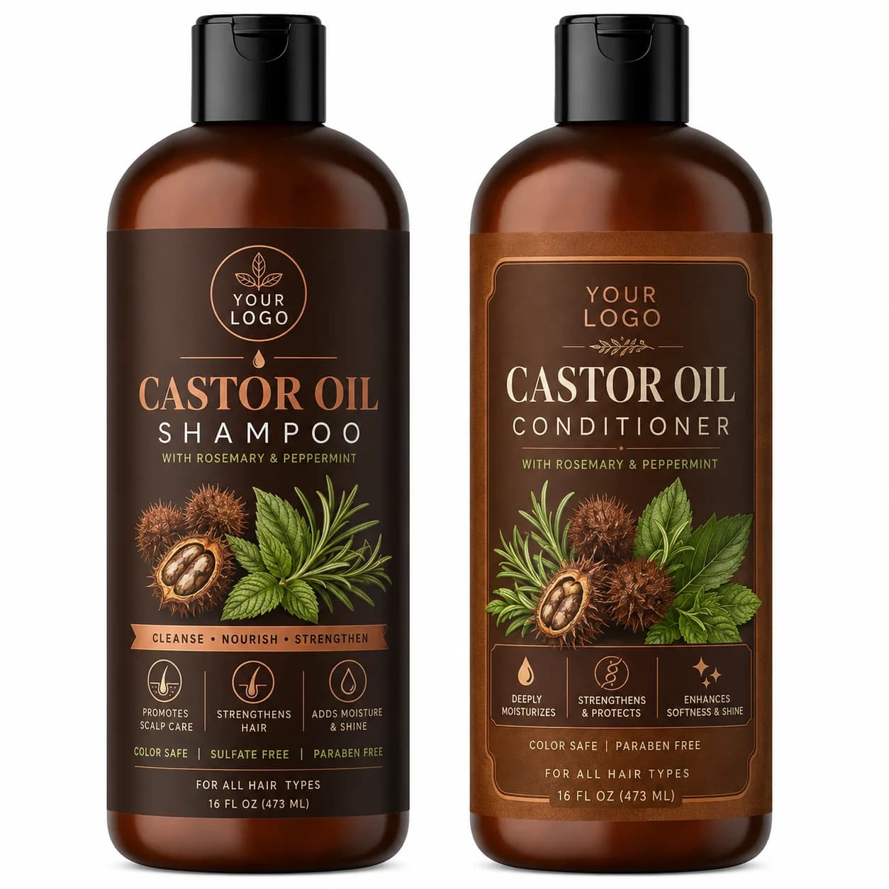 Your Logo castor oil shampoo and conditioner set packaging reference