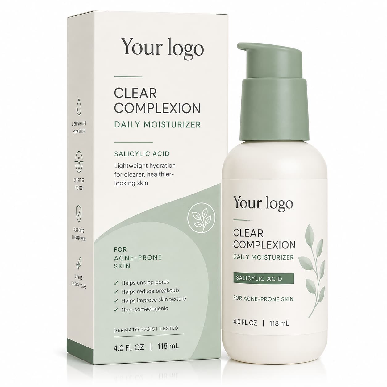 Your Logo clear complexion daily acne moisturizer packaging reference