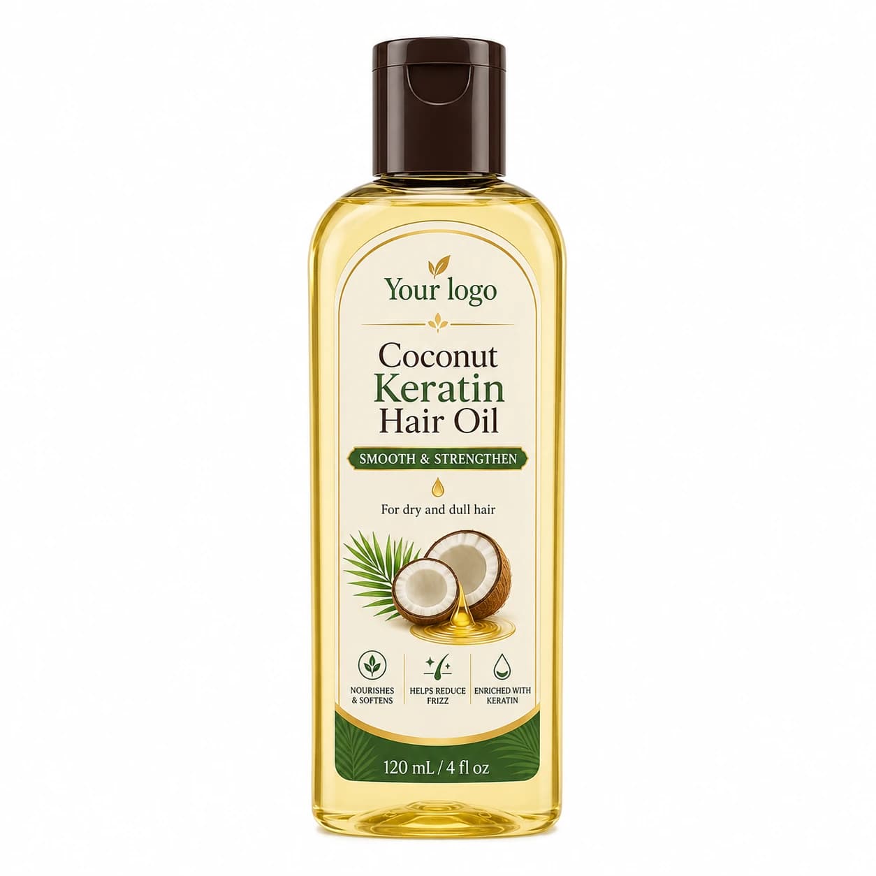 Your Logo coconut keratin strengthening hair oil packaging, 120 mL