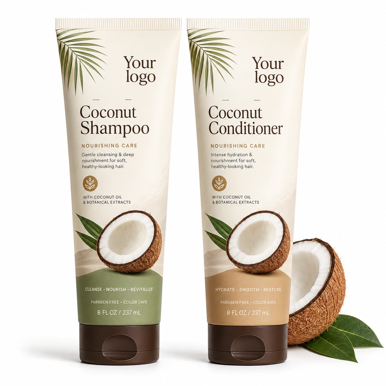 Your Logo coconut shampoo and conditioner set packaging reference