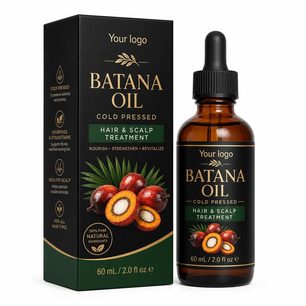 Your Logo cold-pressed batana hair and scalp oil packaging reference