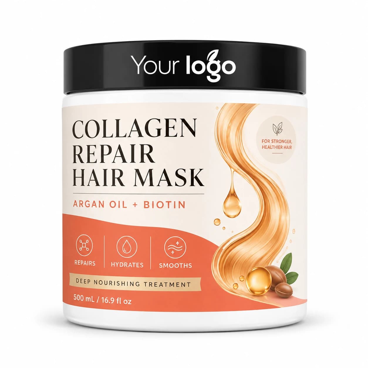 Your Logo collagen argan biotin hair mask tub packaging, 500 mL