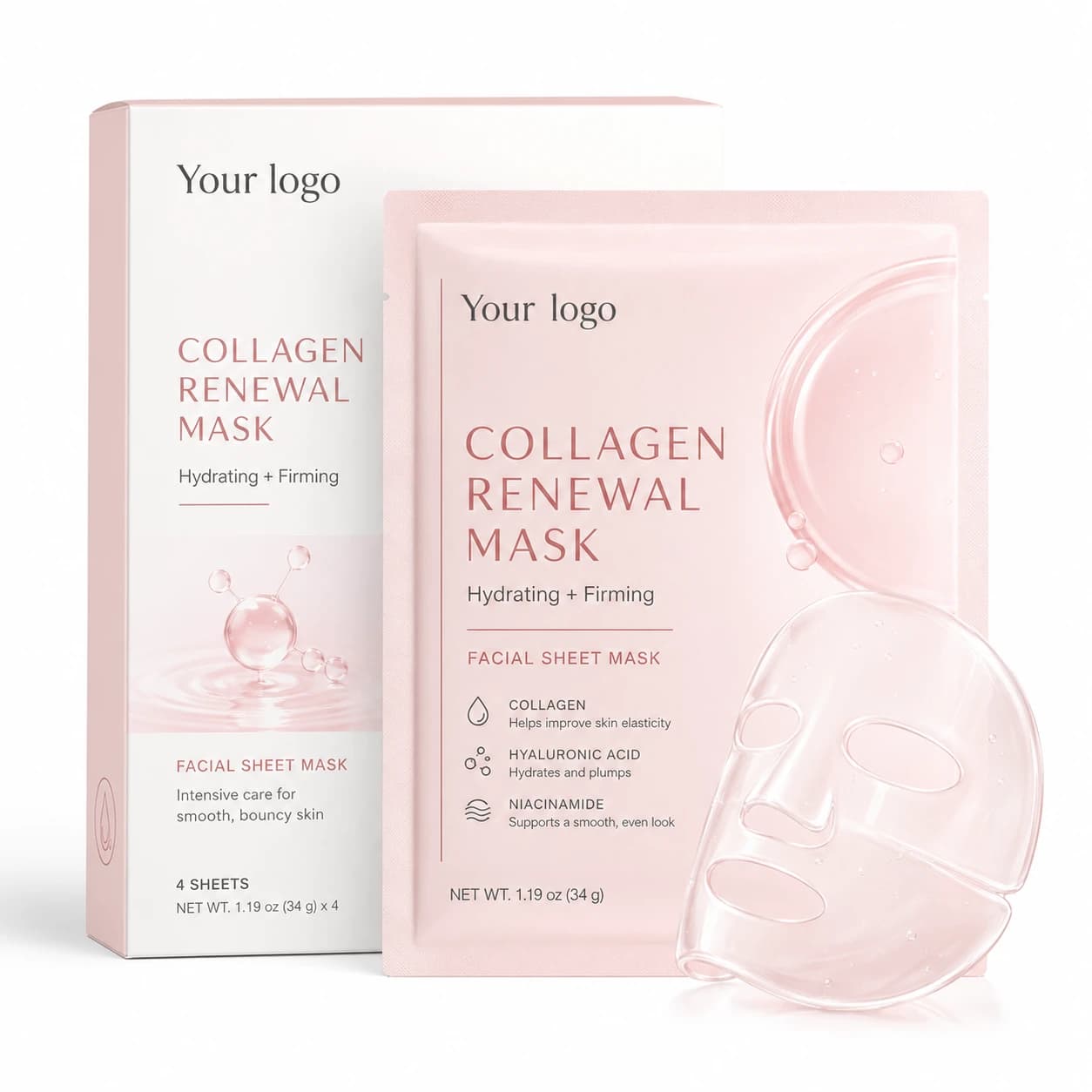 Your Logo collagen hyaluronic facial sheet mask four-pack packaging