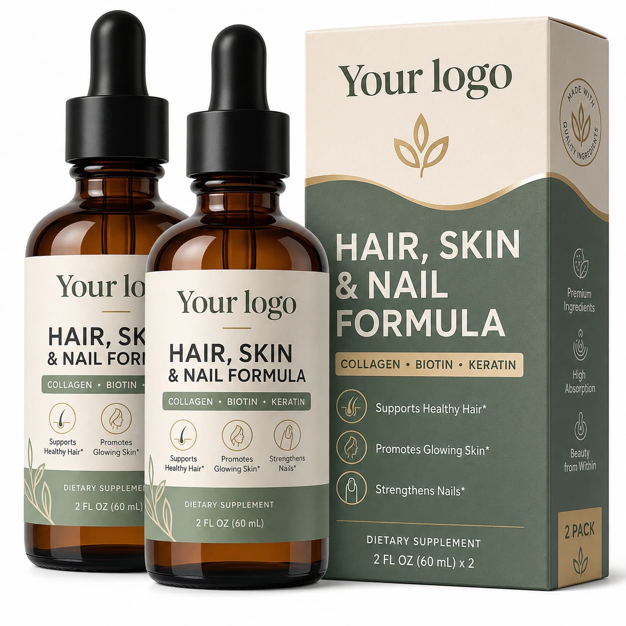 Your Logo liquid collagen hair skin and nail serum set packaging reference