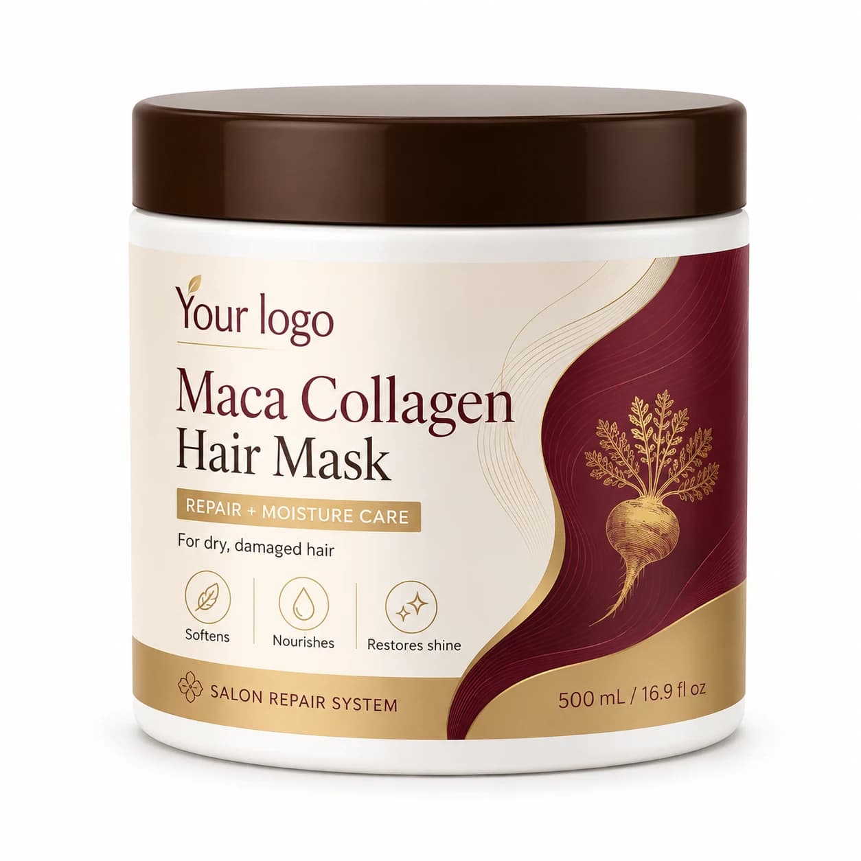 Your Logo maca collagen repair hair mask tub packaging, 500 mL