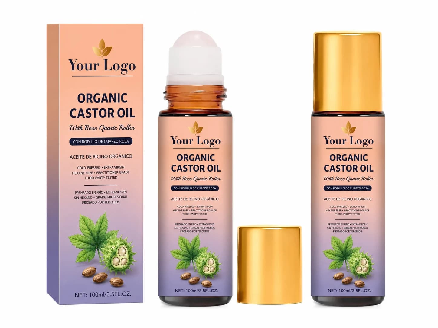 Your Logo organic castor oil rose quartz roller packaging reference