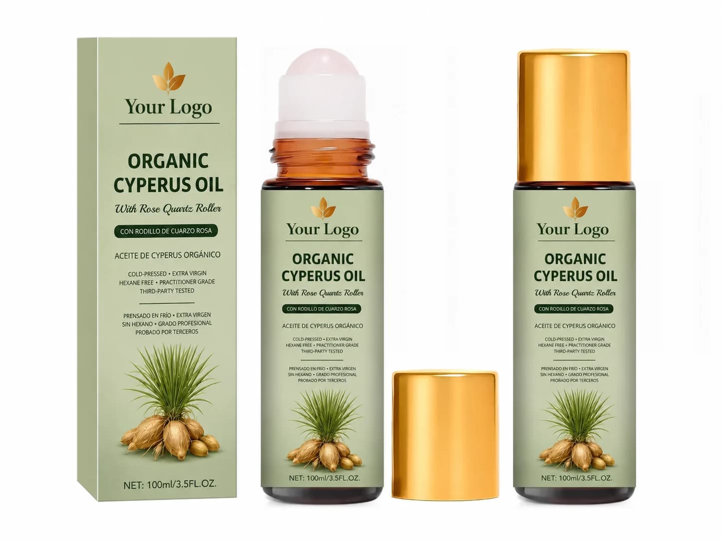 Your Logo organic cyperus oil rose quartz roller packaging reference