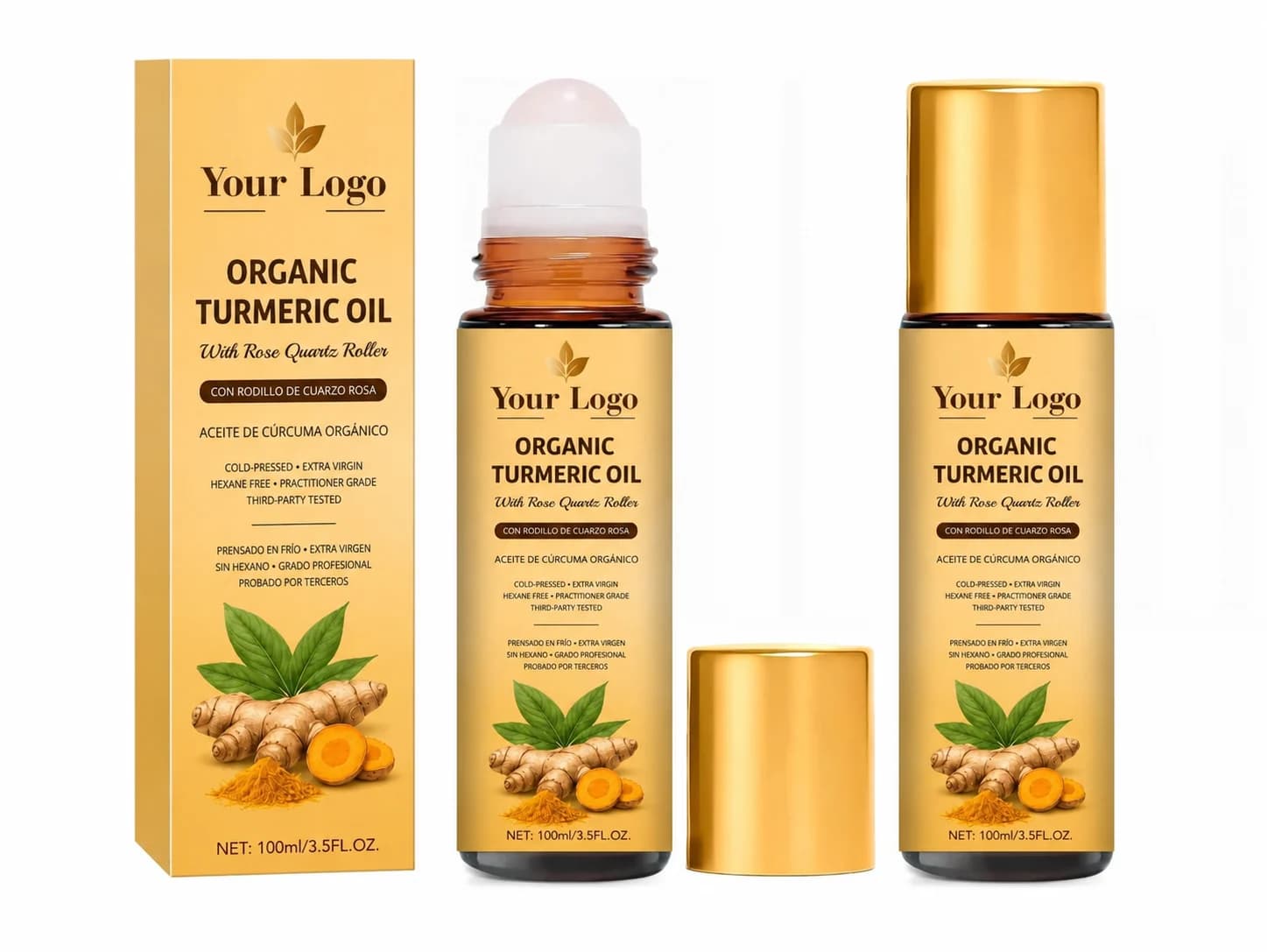 Your Logo organic turmeric oil rose quartz roller packaging reference