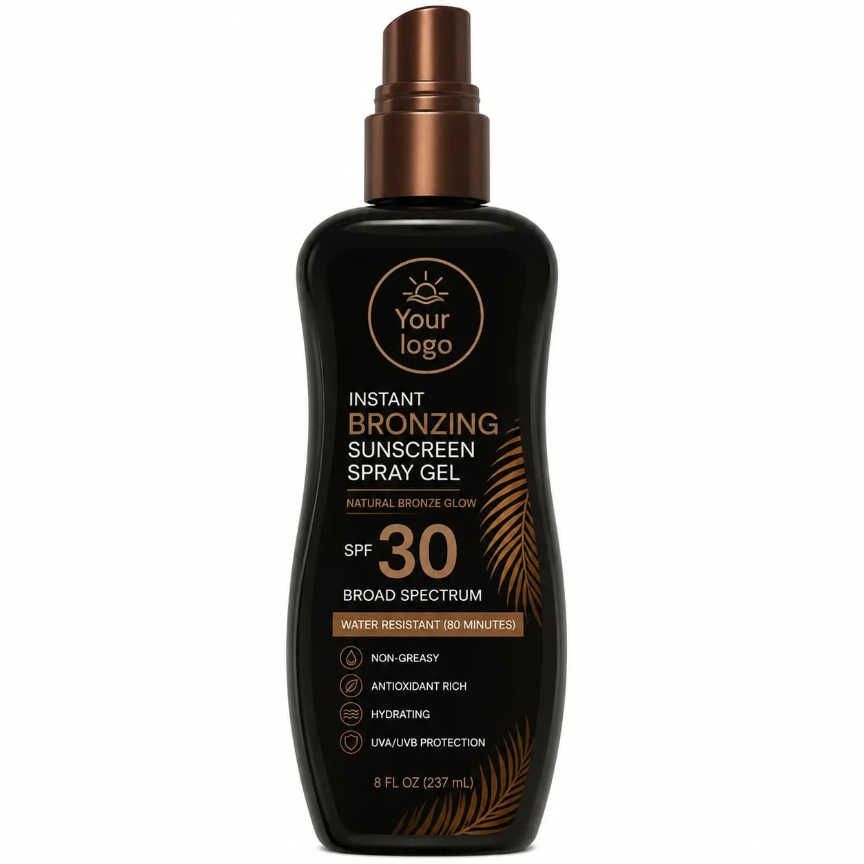 Your Logo spray gel sunscreen with instant bronzer packaging reference
