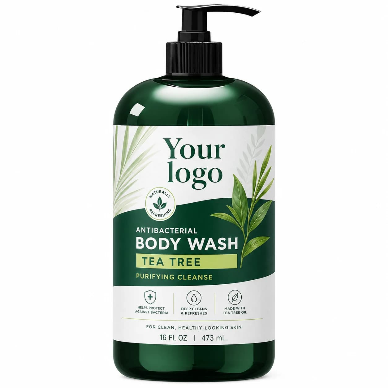 YOUR LOGO private-label tea tree antibacterial body wash packaging concept, 473 mL / 16 fl oz