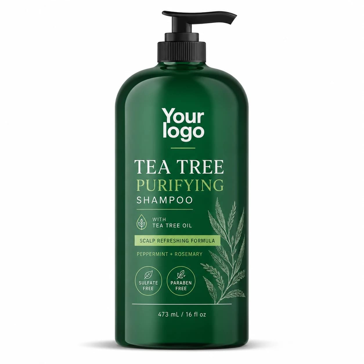 YOUR LOGO private-label tea tree purifying shampoo packaging concept, 473 mL / 16 fl oz