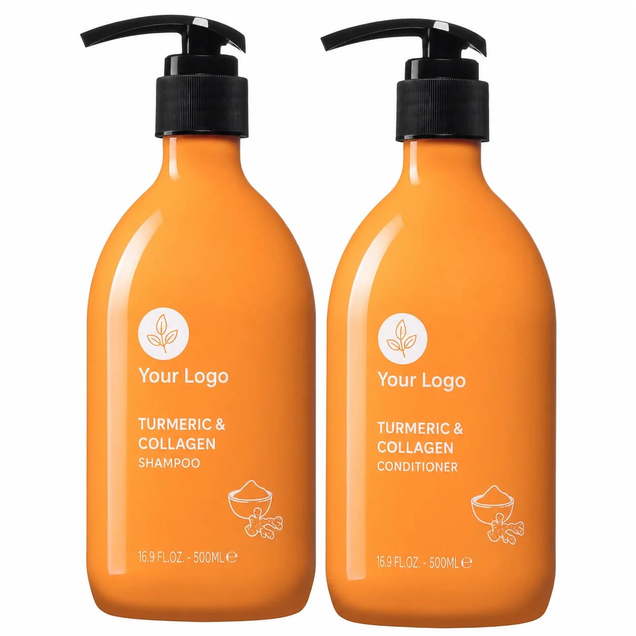 Your Logo turmeric and collagen shampoo and conditioner set packaging reference