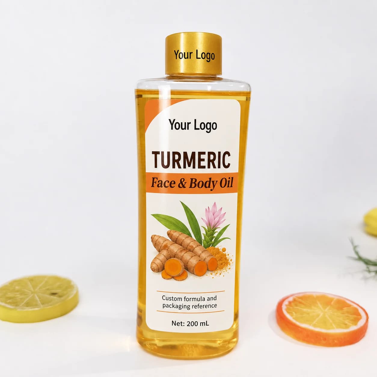Your Logo turmeric face and body oil 200 ml packaging reference