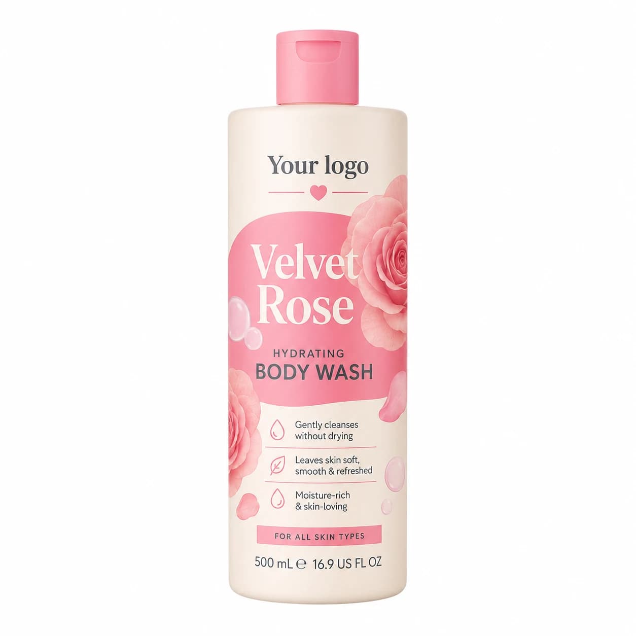 YOUR LOGO private-label velvet rose hydrating body wash packaging concept, 500 mL / 16.9 fl oz