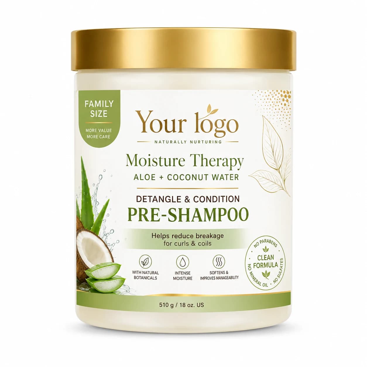 YOUR LOGO private-label aloe & coconut water pre-shampoo packaging concept, 510 g / 18 oz