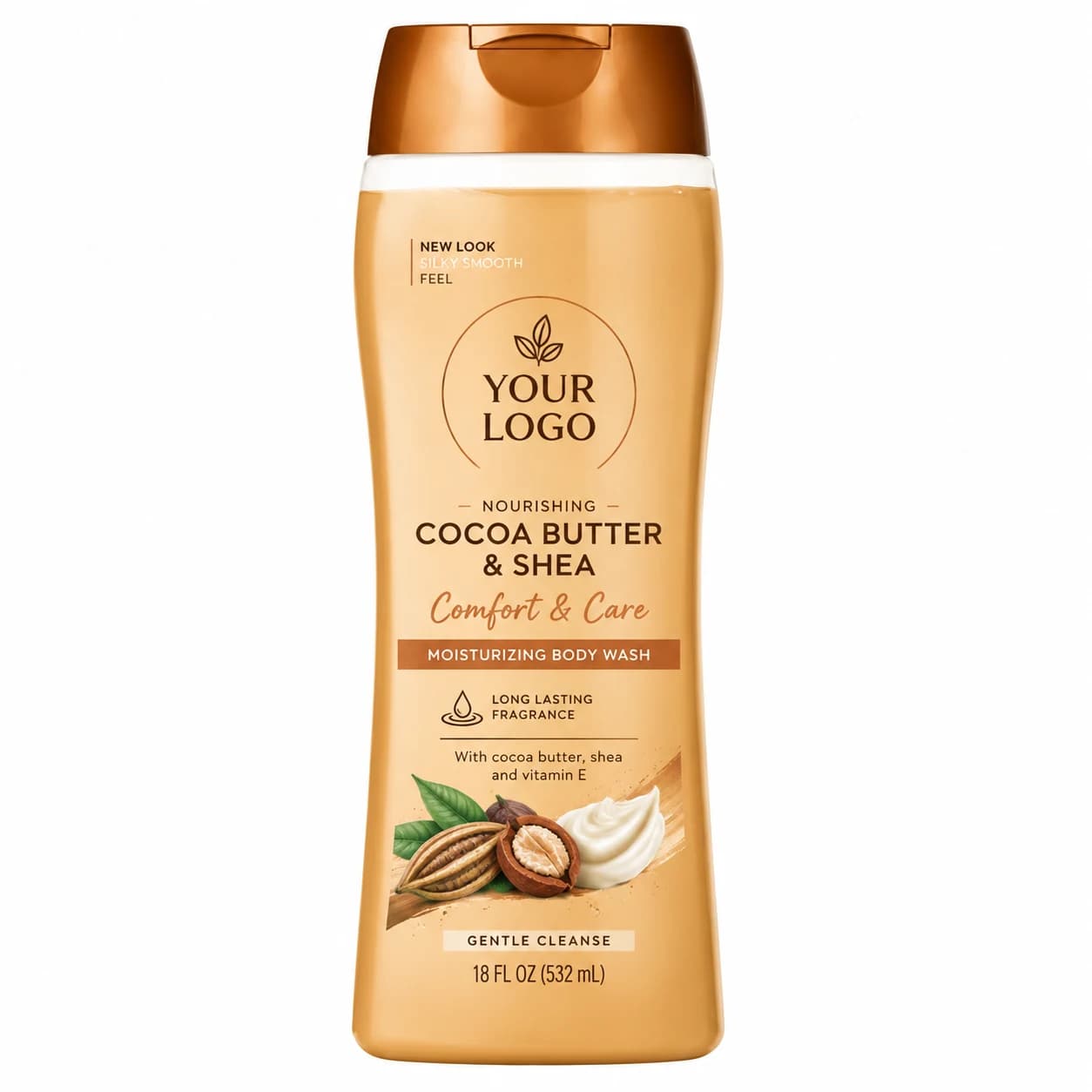 YOUR LOGO private-label cocoa butter & shea moisturizing body wash packaging concept, 532 mL / 18 fl oz