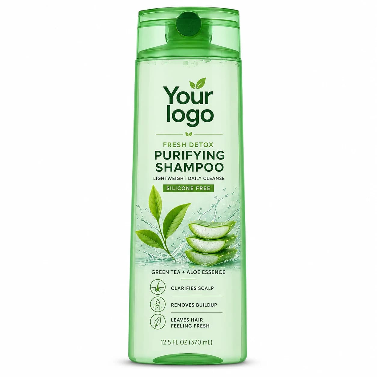 YOUR LOGO private-label green tea & aloe purifying shampoo packaging concept, 370 mL / 12.5 fl oz