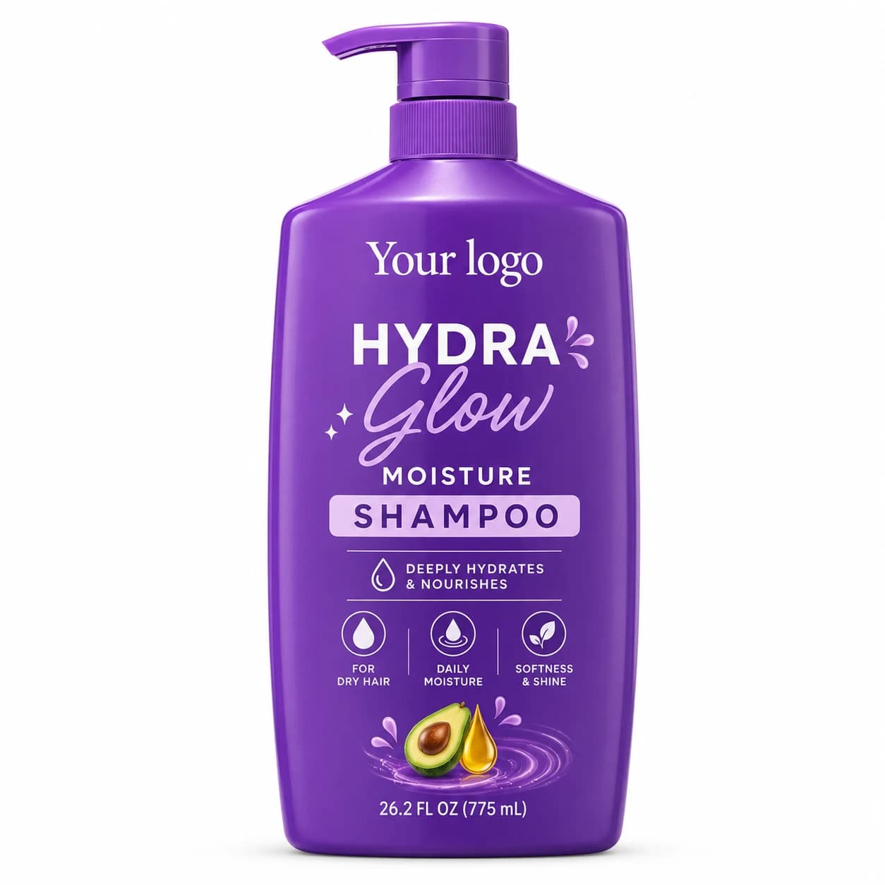 YOUR LOGO private-label hydra glow moisture shampoo packaging concept, 775 mL / 26.2 fl oz