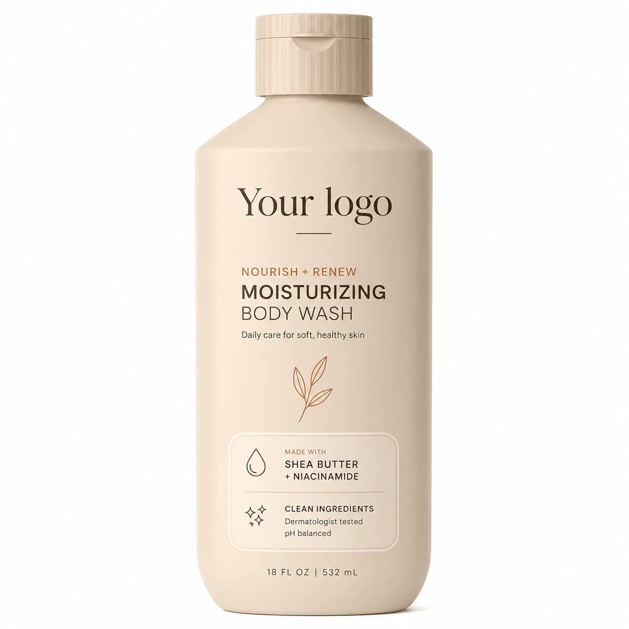 YOUR LOGO private-label shea butter + niacinamide moisturizing body wash packaging concept, 532 mL / 18 fl oz