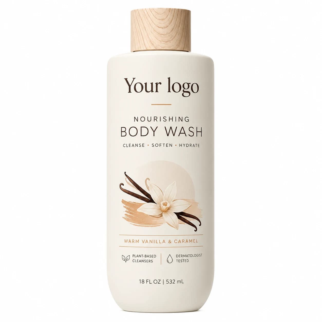 YOUR LOGO private-label warm vanilla & caramel body wash packaging concept, 532 mL / 18 fl oz