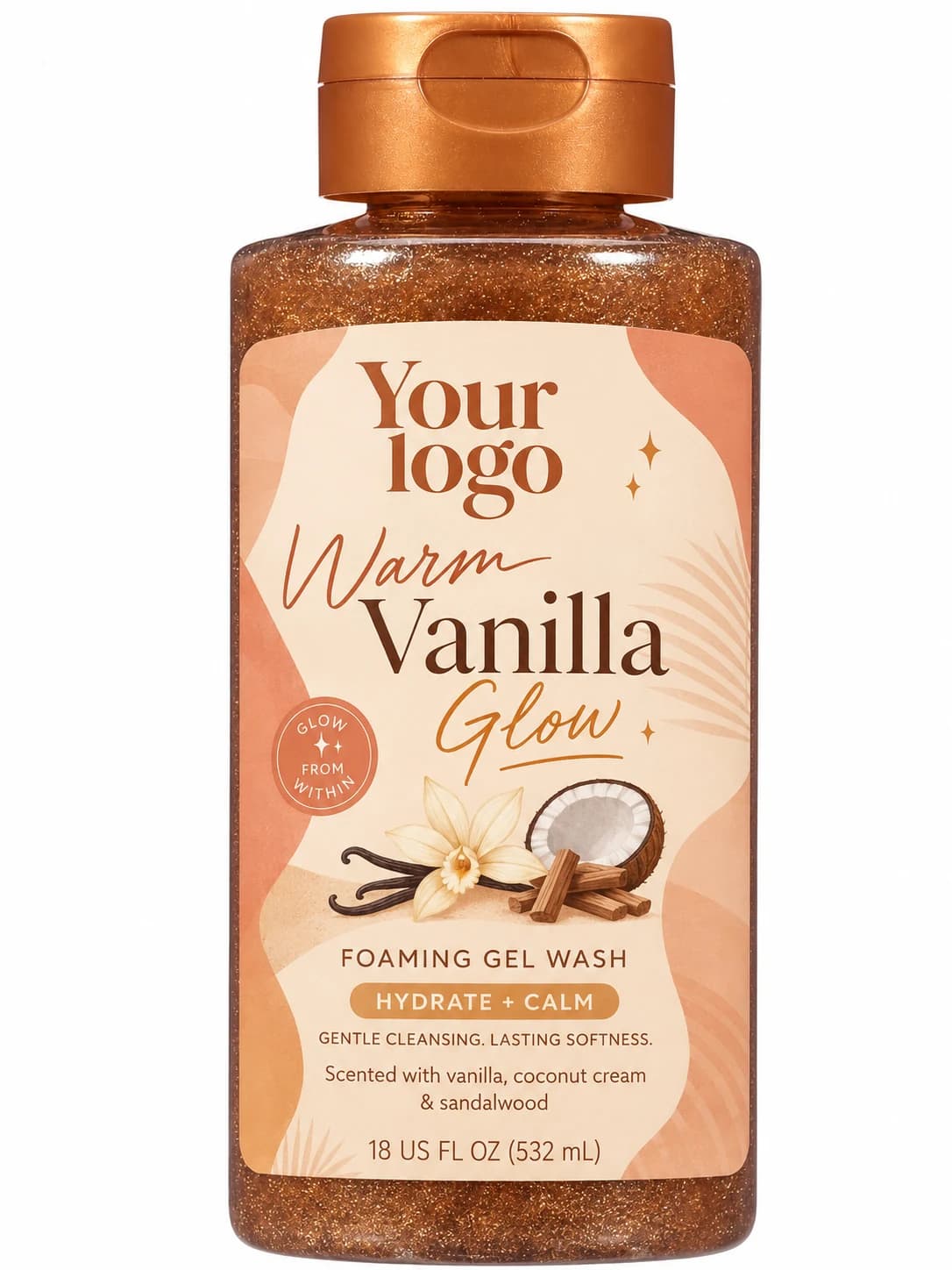 YOUR LOGO private-label warm vanilla glow foaming gel wash packaging concept, 532 mL / 18 fl oz