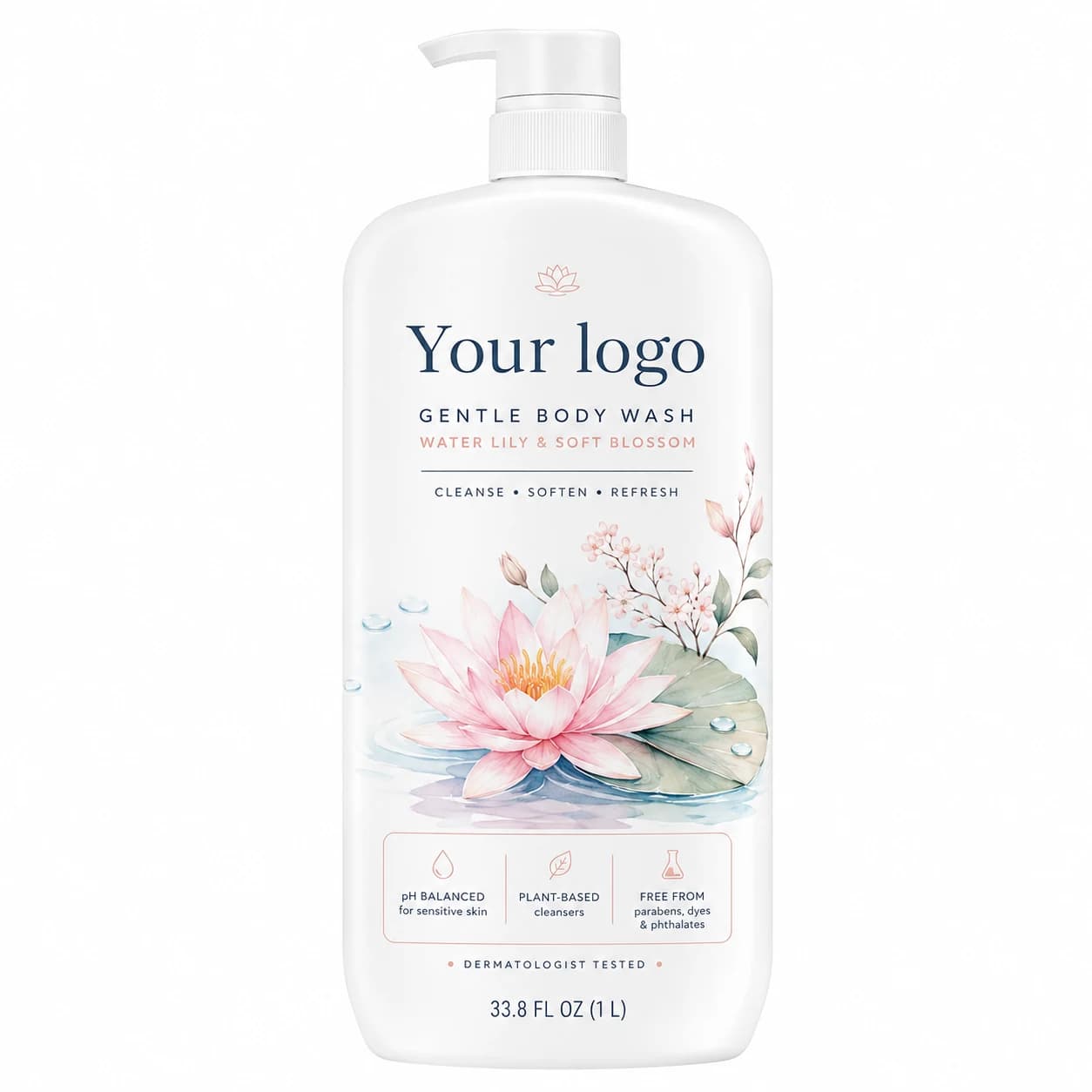 YOUR LOGO private-label water lily gentle body wash packaging concept, 1 L / 33.8 fl oz